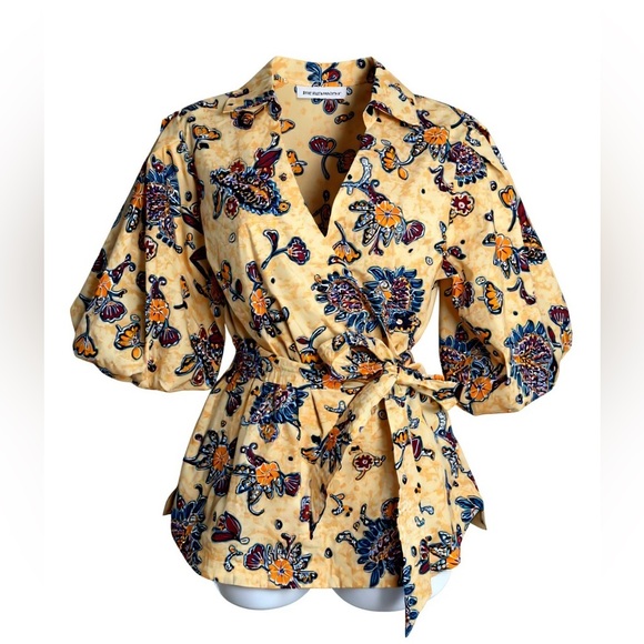 New Ellie Tahari Lemon Mist Print Faux Wrap Top Size M - Picture 3 of 9